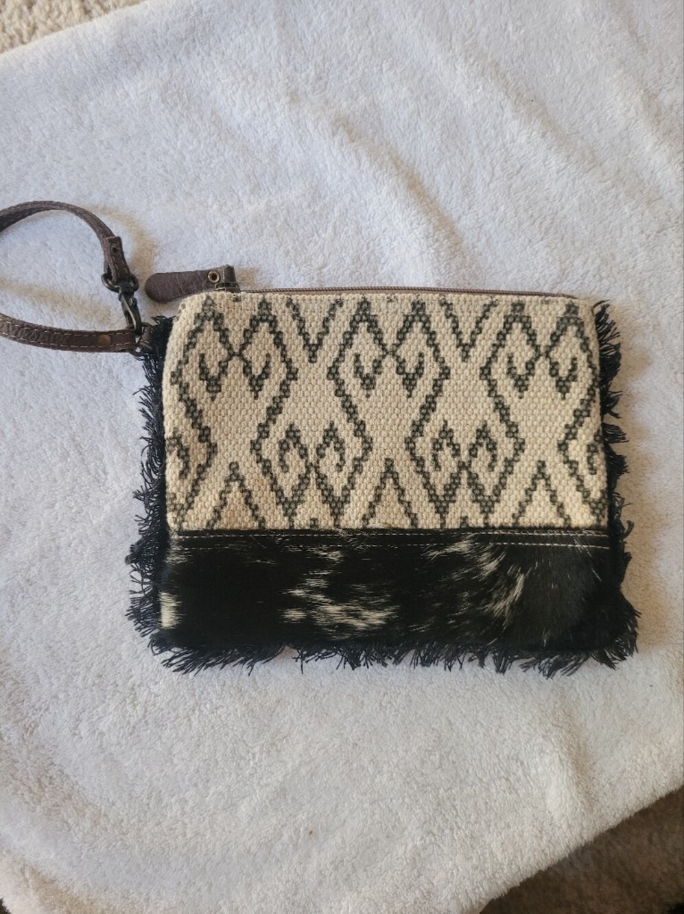Myra Bag Woven Black & Cream Patterned Wristlet Clutch